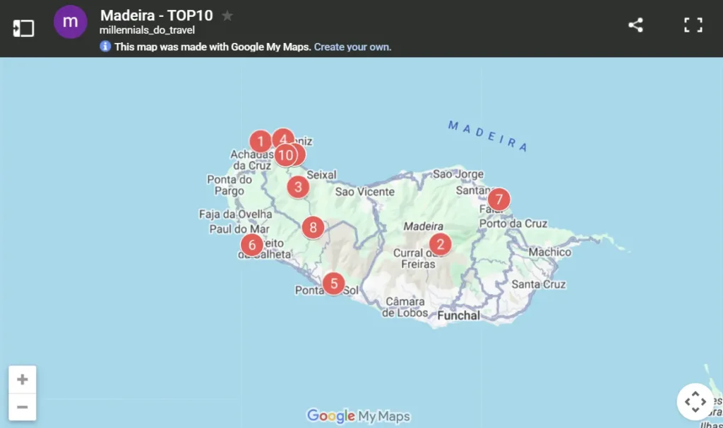 Map presenting best places to visit In Madeira
