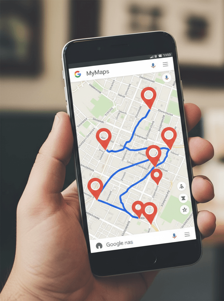A smartphone displaying a complete smart travel itinerary with custom Google Maps pins and routes.
