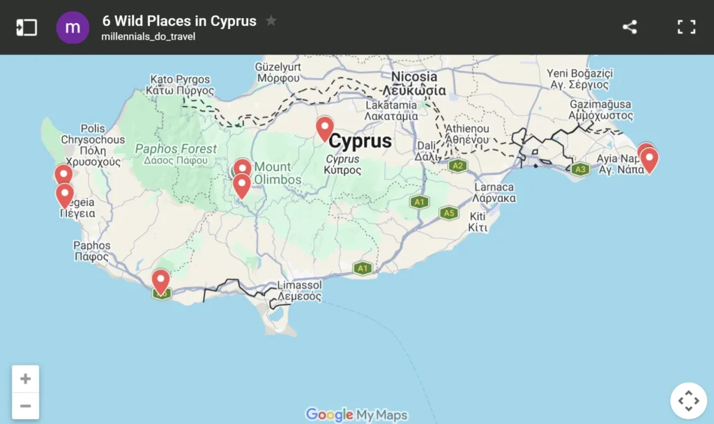 Map showing 6 wild places in Cyprus.