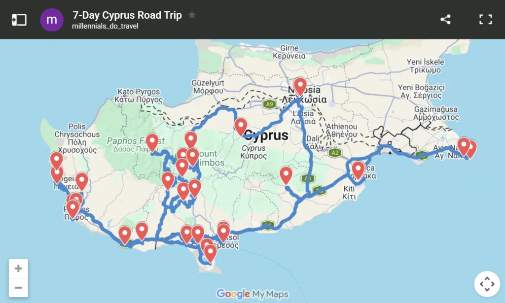 Full 7-day Cyprus road trip itinerary map with route pins covering Paphos, Limassol, Larnaca, and Nicosia.