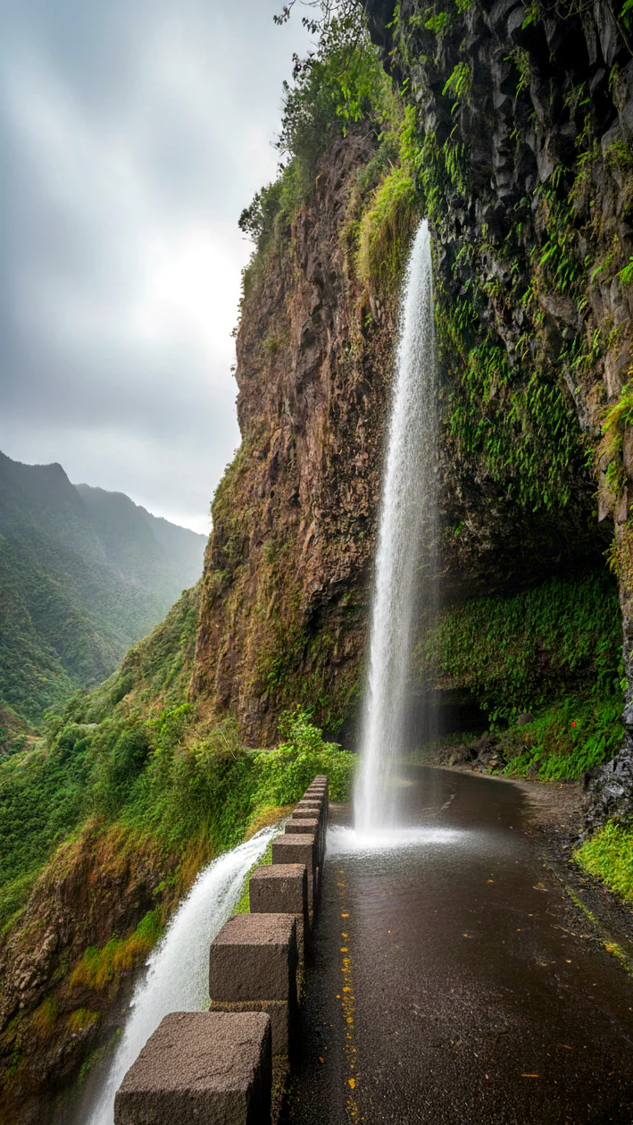 Realistic view of the hidden Cascata do Lombinho waterfall in northern Madeira - a lush island secret.