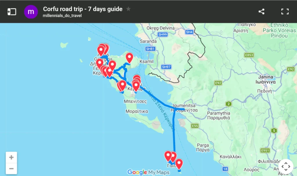 Podgląd mapy Google z trasą 7-dniowego planu zwiedzania Korfu, z pinezkami na północy, w centrum i na Paxos.