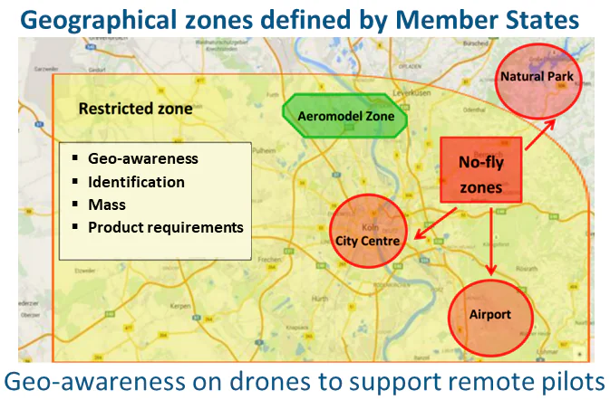 A map showing restricted drone flying zones, including airports, city centers, and natural parks.