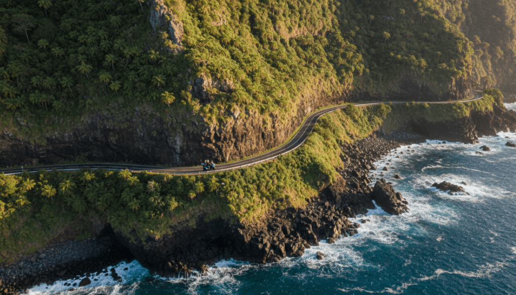 Lush green Madeira coastline with a couple on a scooter exploring the scenic road.