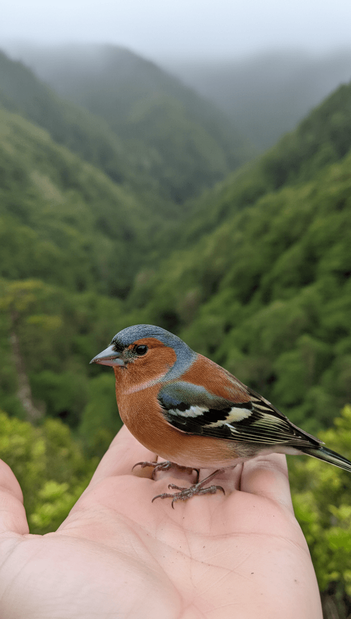 A bird landing on a hand at the end of Levada dos Balcoes viewpoint in Madeira.