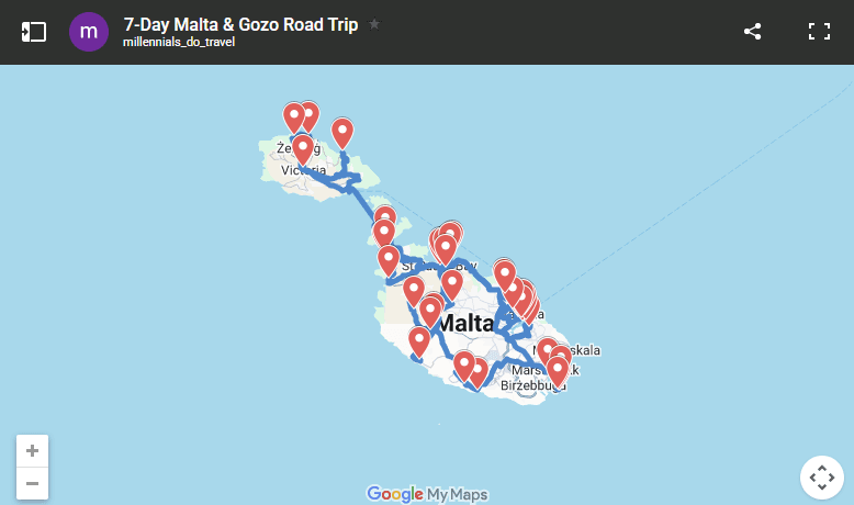 Zrzut ekranu z mapy Google MyMaps przedstawiający trasę 7-dniowego planu zwiedzania Malty i Gozo z zaznaczonymi atrakcjami.