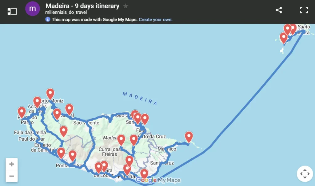 Map of Madeira 9 day itinerary