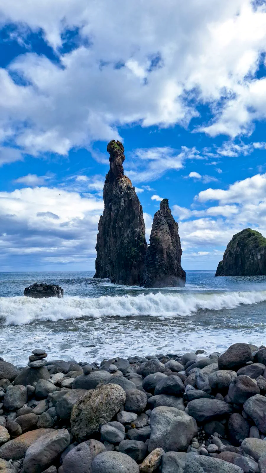 Dramatic rock formations rising from the ocean at Ribeira da Janela, Madeira.