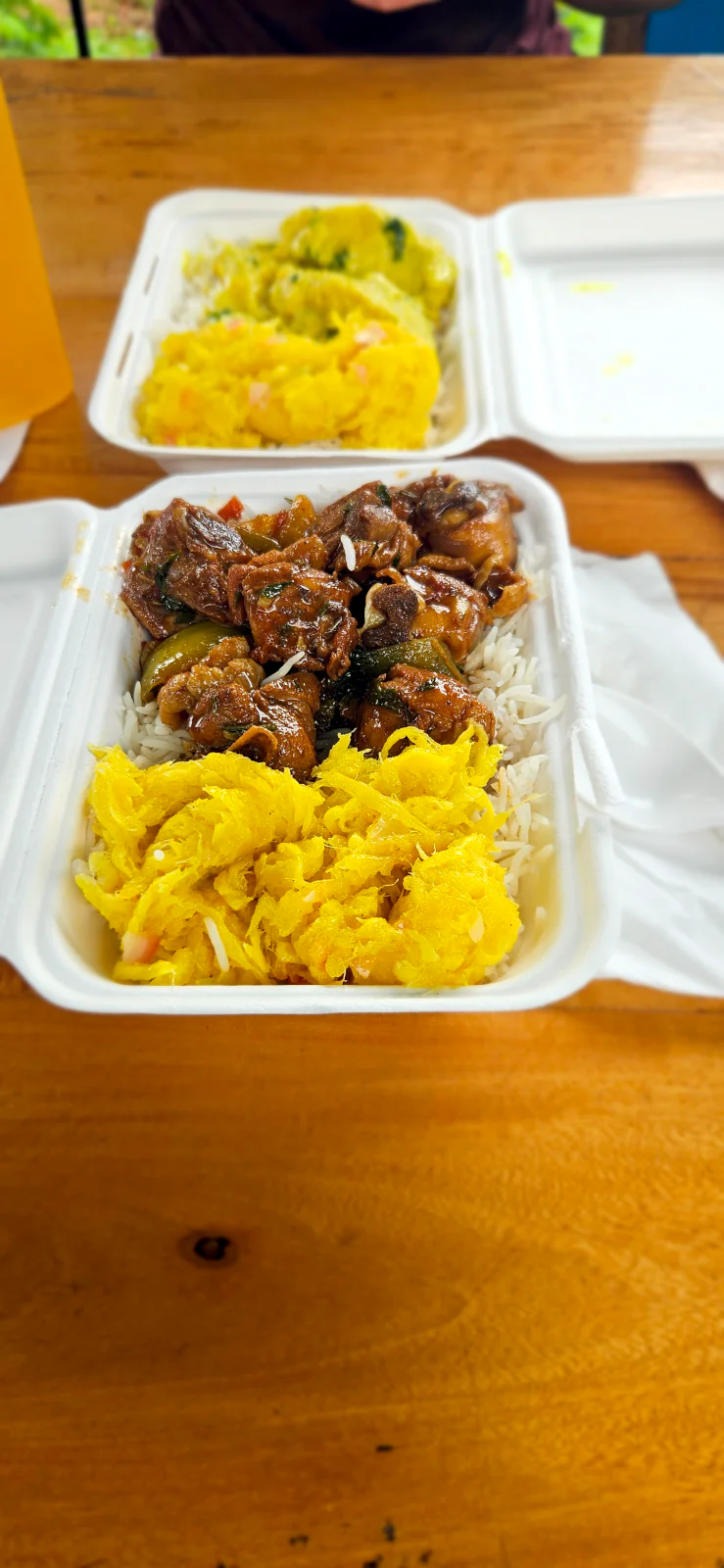 Authentic Creole take-away meal with octopus curry, rice, and papaya salad in a box.