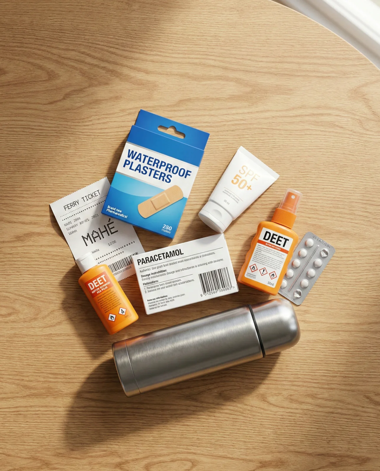 Travel medical kit including DEET, paracetamol, waterproof plasters, thermos, and a ferry ticket for Seychelles.