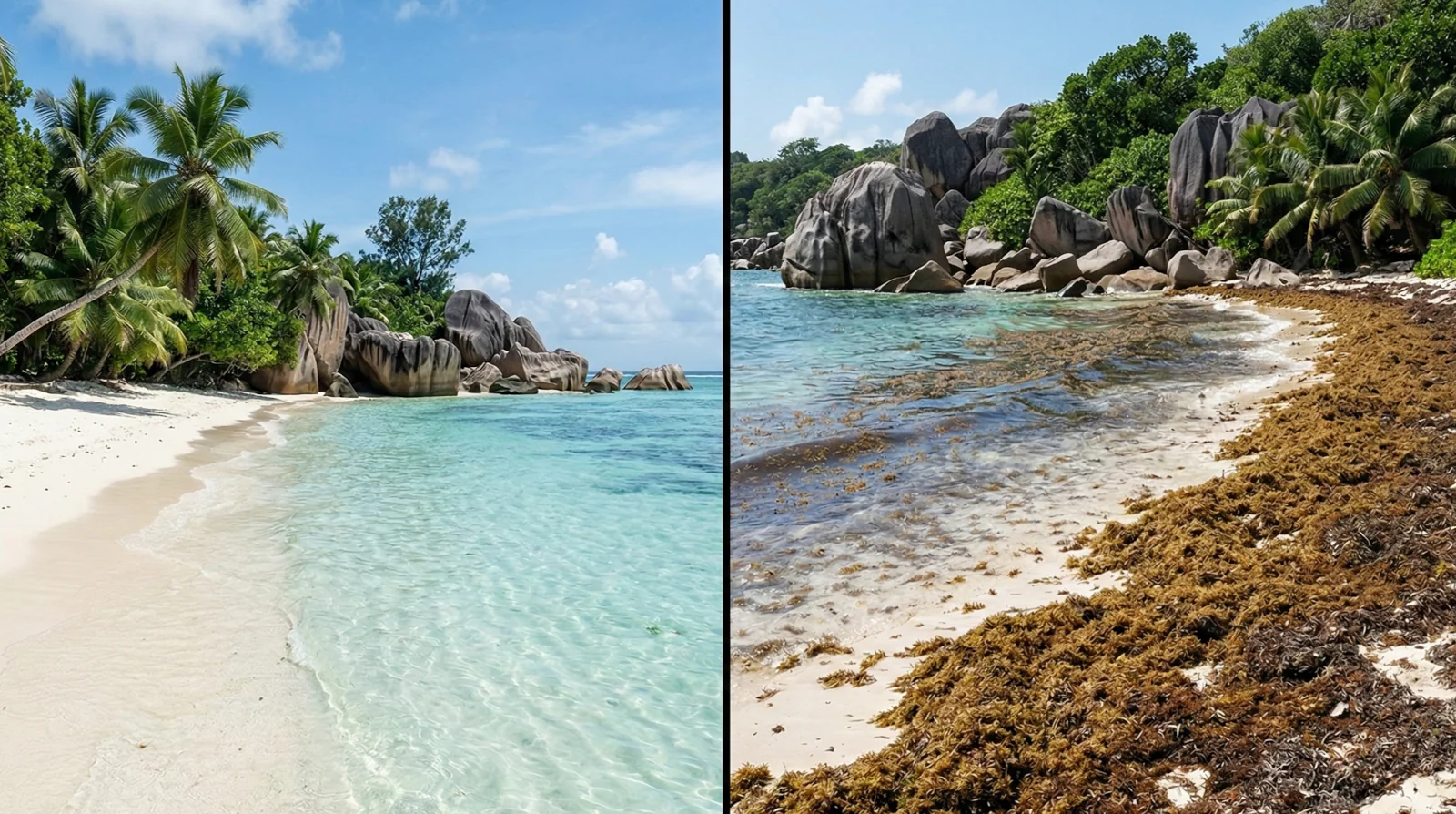 Split screen comparing a pristine clear beach with a beach covered in seaweed during the Seychelles trade winds.