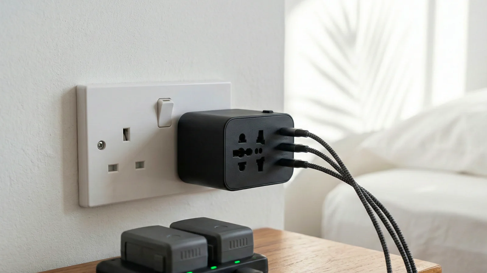 Universal travel adapter plugged into a British Type G wall socket charging drone batteries.