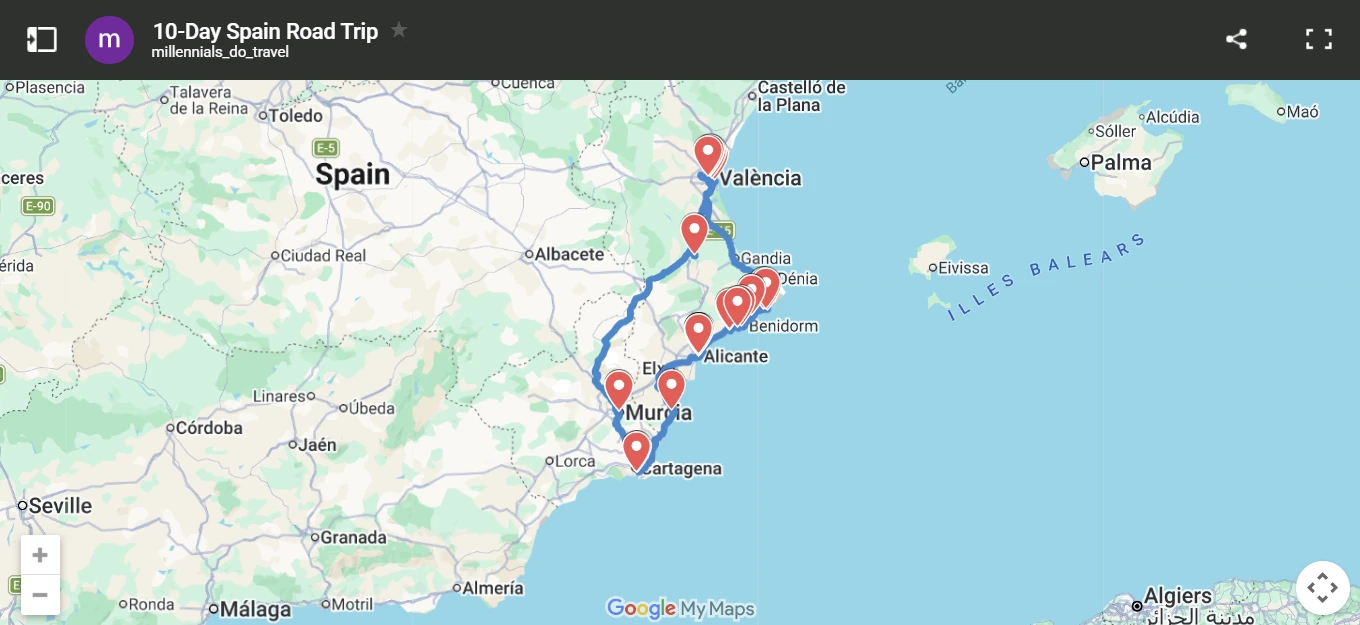 Interactive Google My Maps route for a 10-day Spain road trip from Valencia to Cartagena and back.