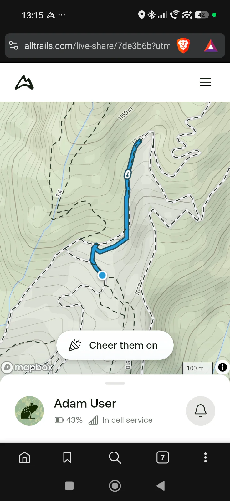 Screenshot of the AllTrails Live Share feature, showing a hiker's real-time location on a topographic map along with their phone's battery and signal strength.