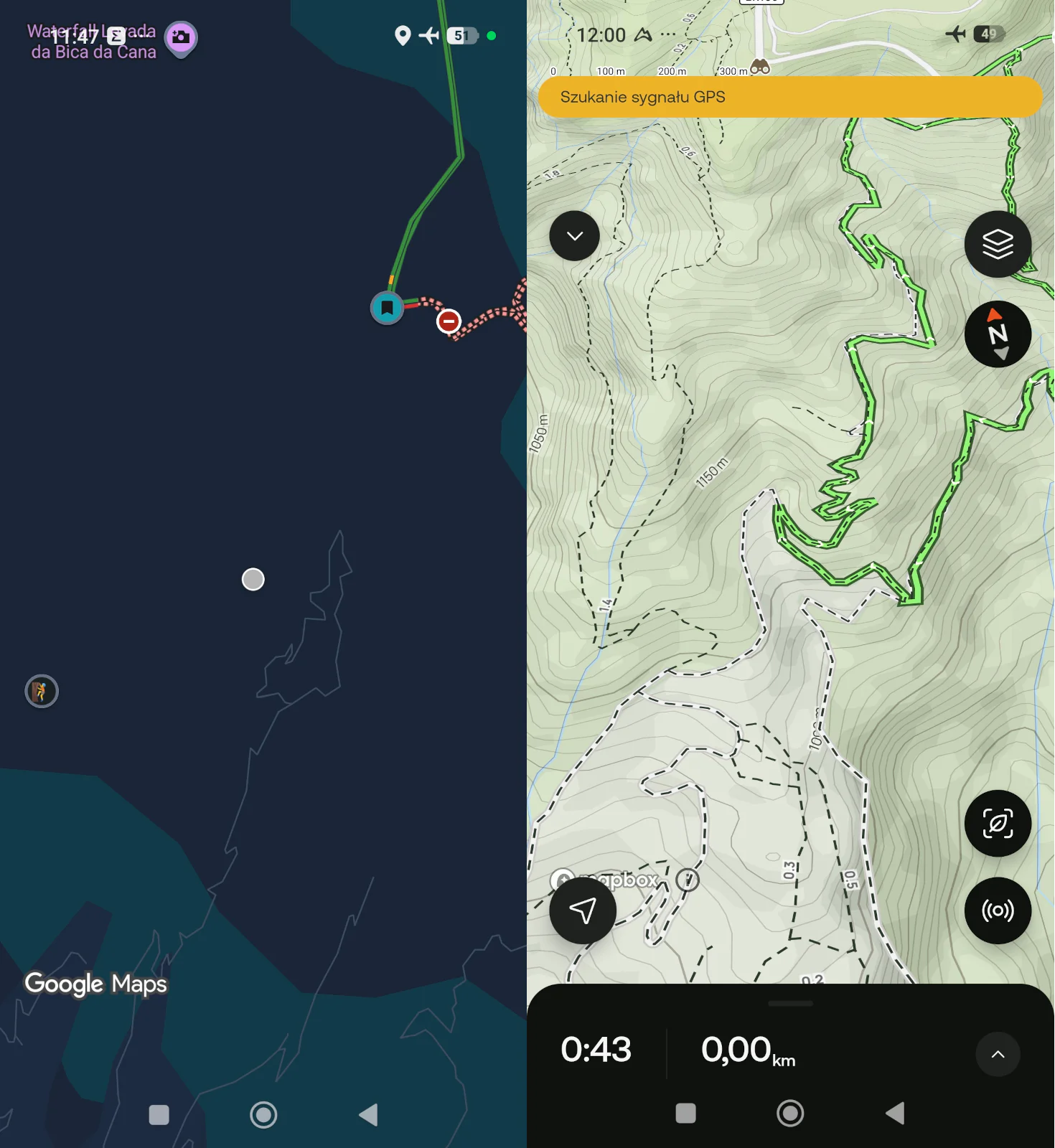 Side-by-side comparison of the dark mode Google Maps interface lacking trail details against the highly detailed topographic map of AllTrails.