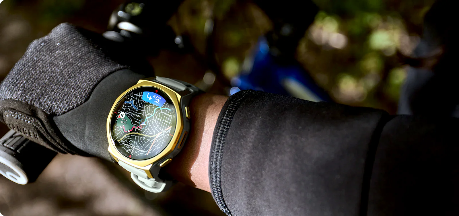 Hiker's wrist wearing an Amazfit T-Rex 3 Pro smartwatch displaying a topographic offline map for trail navigation.