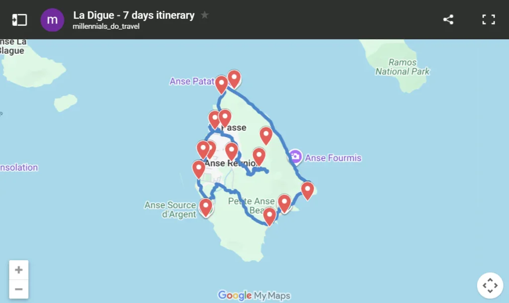 Interactive Google My Maps screenshot showing the 7-day slow travel bicycle route across La Digue island.
