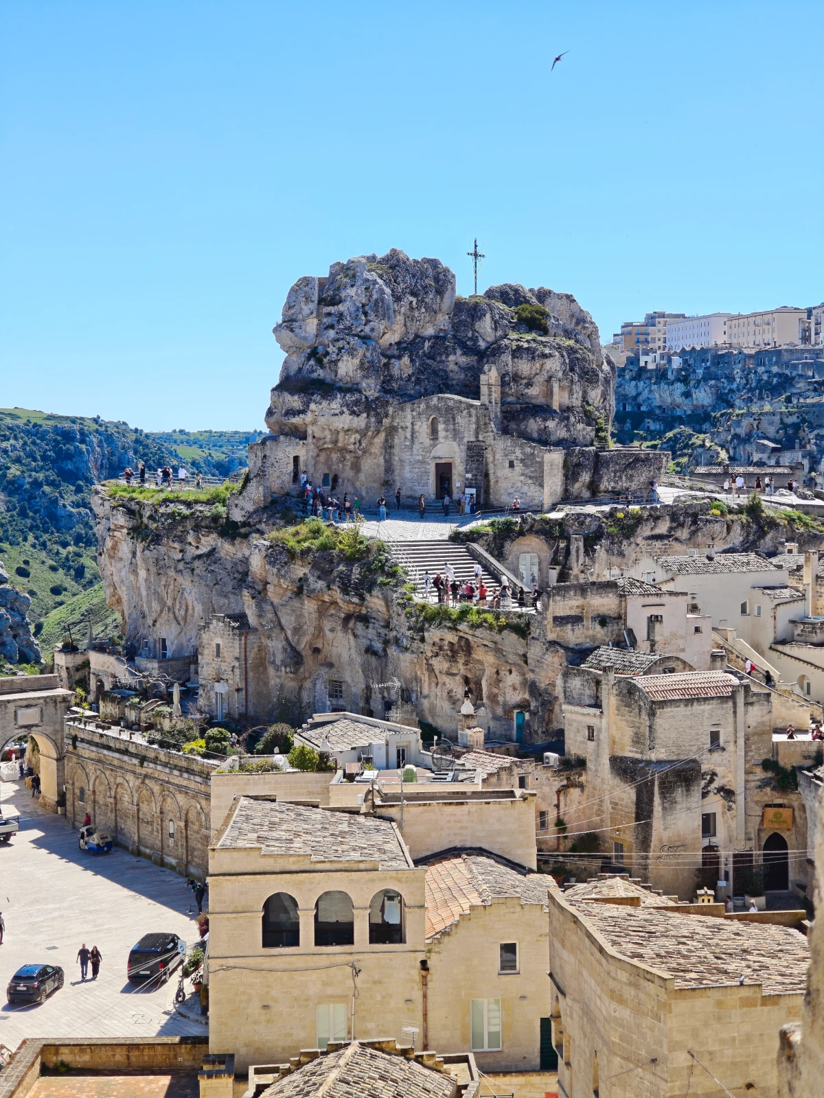 The rupestrian church of Santa Maria de Idris carved into the limestone rock in the Sassi of Matera, Italy.