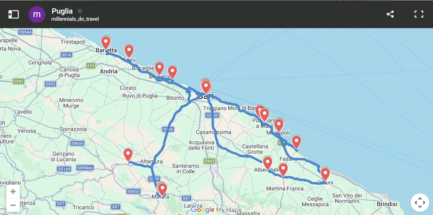 Interactive route map for a 5-day road trip across Puglia, Italy, starting and ending in Bari, featuring stops in Matera, Alberobello, and Polignano a Mare.