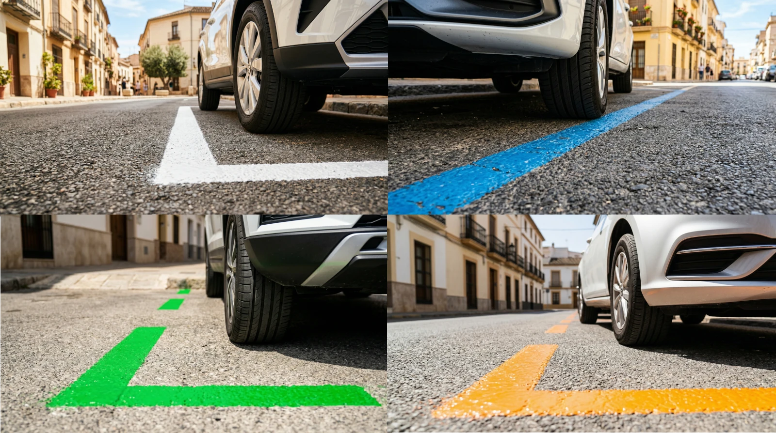 Kolaż pokazujący różne kolory linii parkingowych w Hiszpanii (niebieskie, zielone, pomarańczowe, białe) dla wynajętych aut.