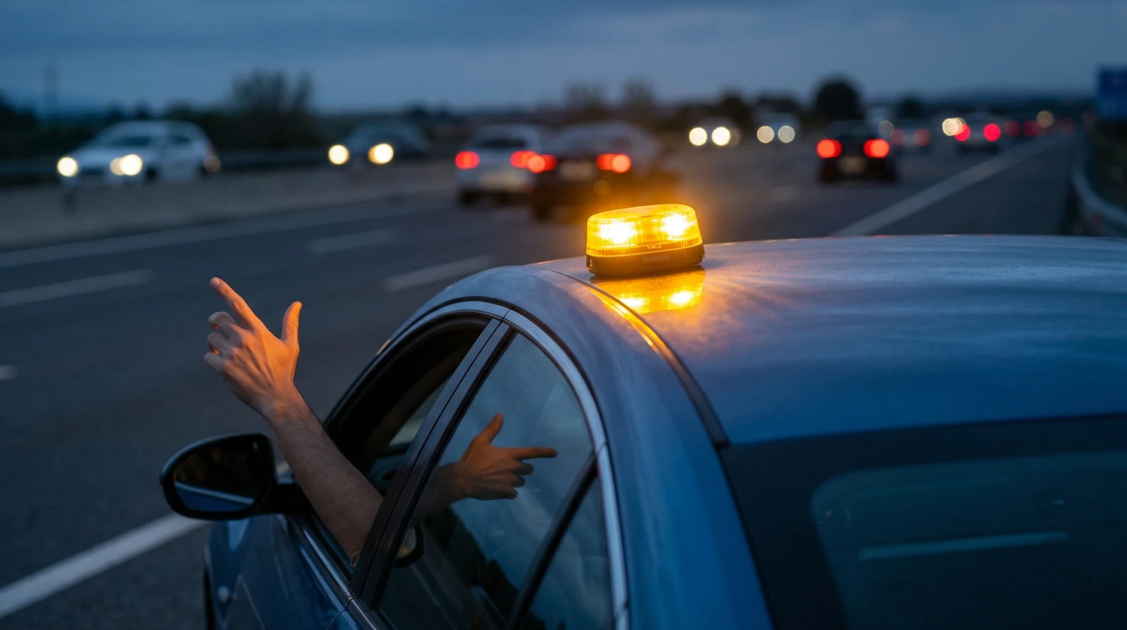 Kierowca umieszczający na dachu samochodu błyskający żółty sygnalizator V16 na hiszpańskiej autostradzie.