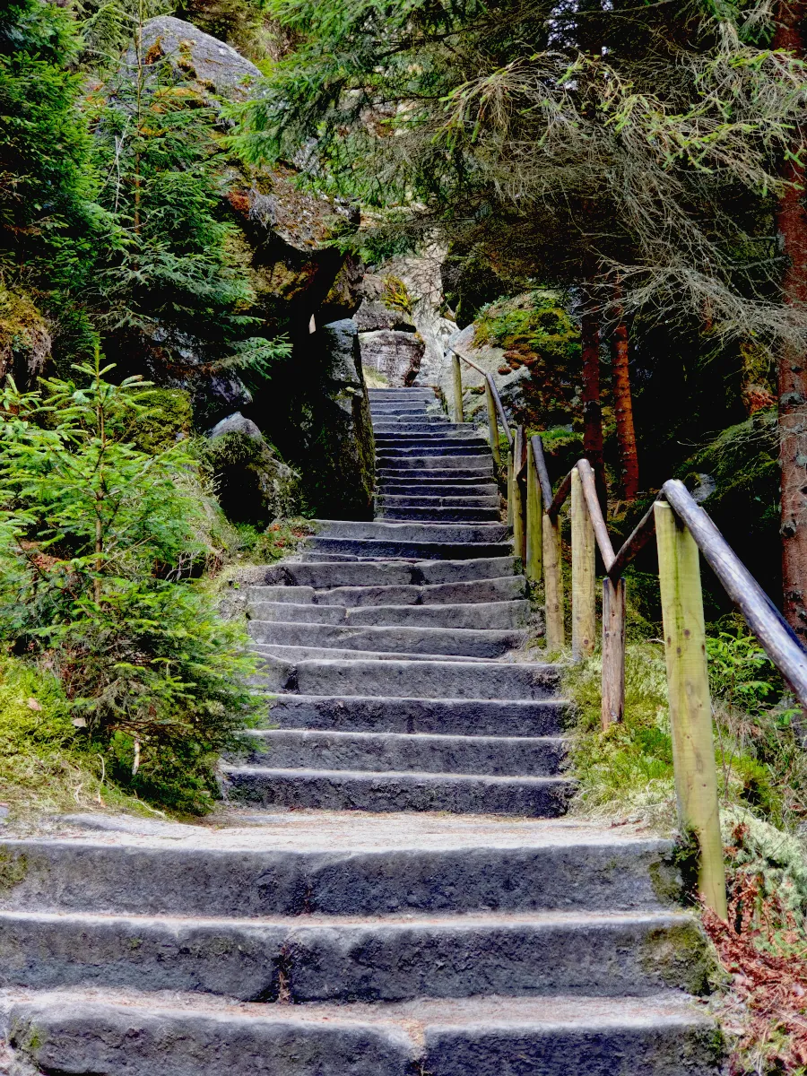 Steep stone stairs winding through the narrow Teplice Rocks sandstone canyon, demonstrating trail difficulty.