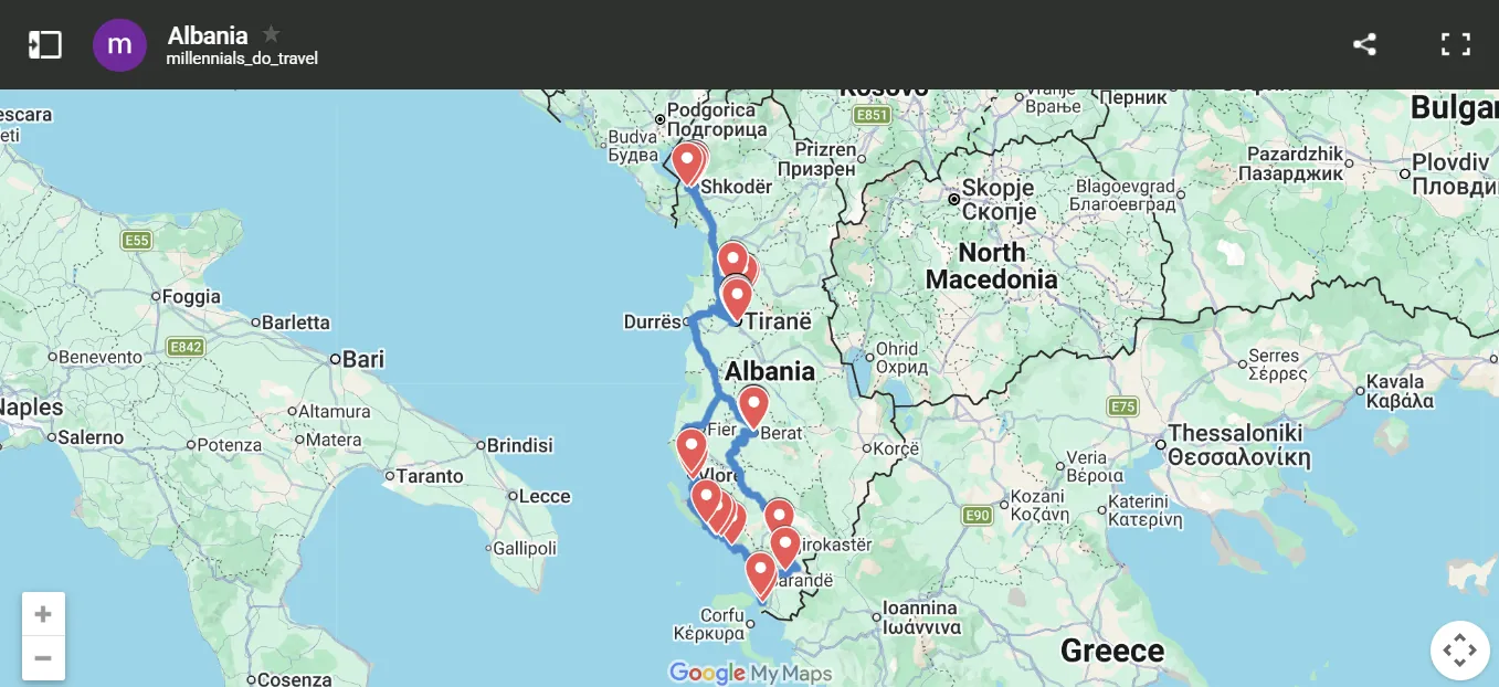 Google MyMaps itinerary for a 7-day road trip across Albania, marking key stops from Tirana to the Riviera and Shkodra.