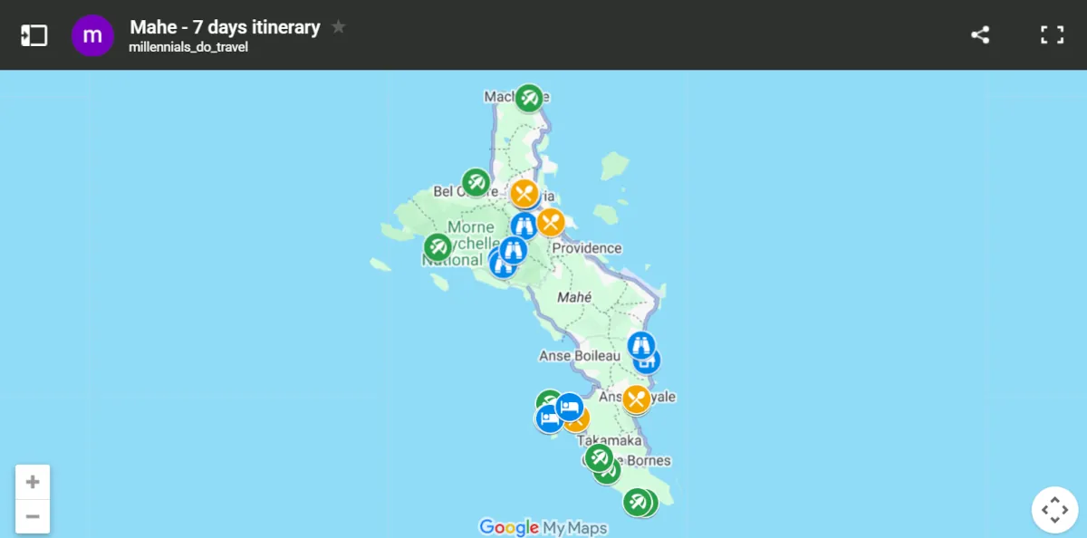 Custom Google MyMaps screenshot showing the 7-day Mahé road trip itinerary in Seychelles with pinned beaches, viewpoints, and restaurants.