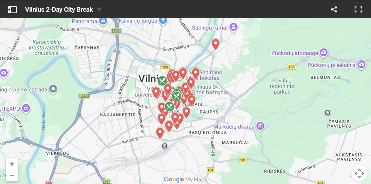Custom Google MyMaps screenshot showing the 2-day walkable city break route in Vilnius with pinned attractions and food spots.