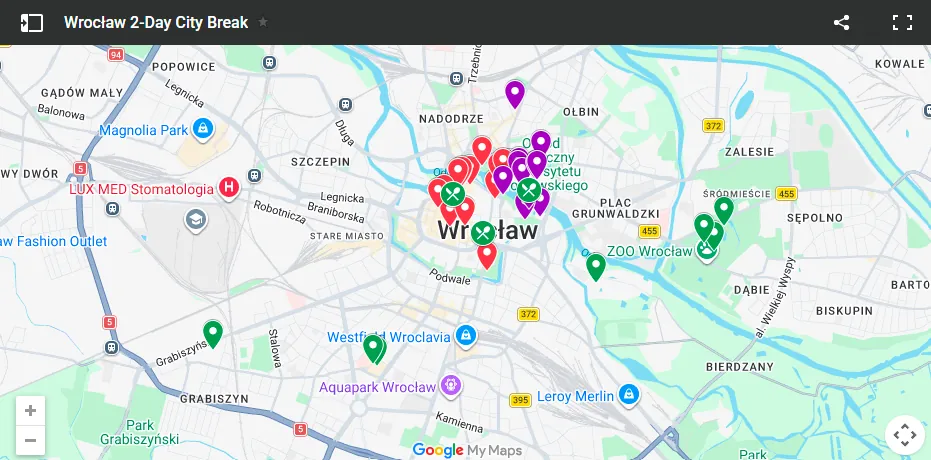 Custom Google MyMaps screenshot showing the 2-day Wrocław city break itinerary with pinned walking routes, attractions, and restaurants.