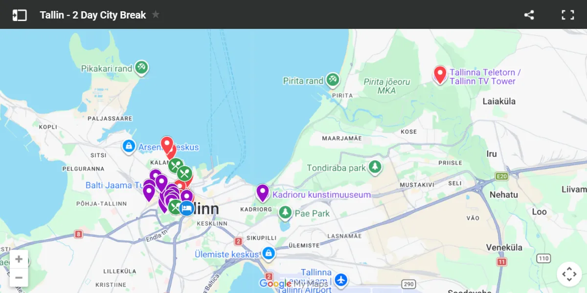 Custom Google MyMaps screenshot showing the 2-day Tallinn itinerary with colored pins for Day 1, Day 2, and sights across the city.